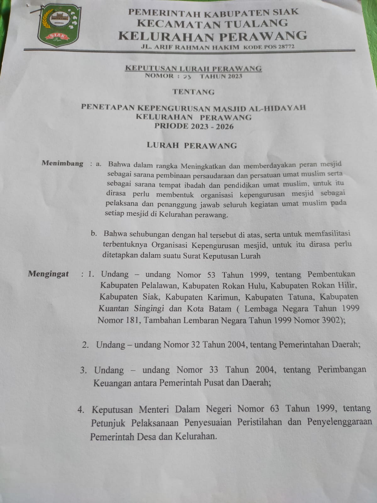 SK kepengurusan masjid AL-Hidayah periode 2023-2026