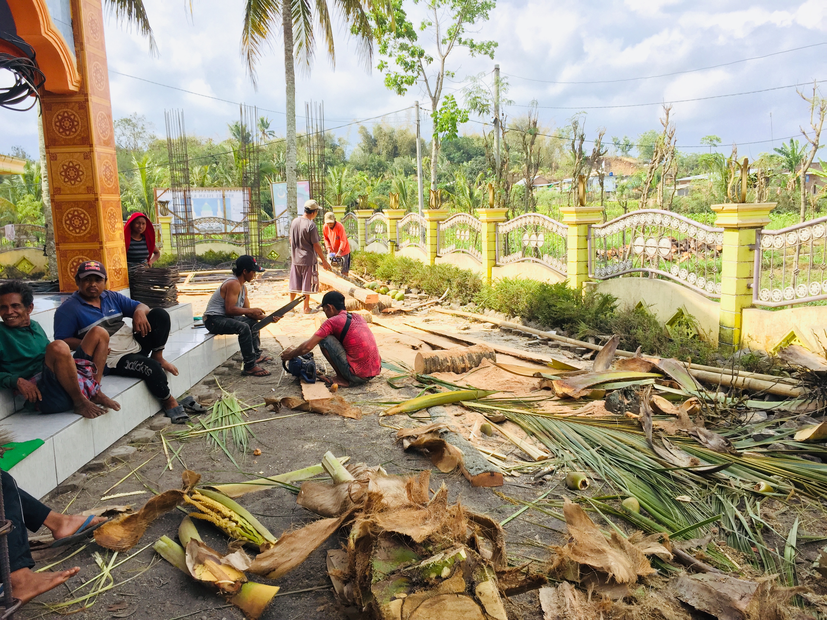 Pemotongan pohon kelapa untuk pembangunan masjid
